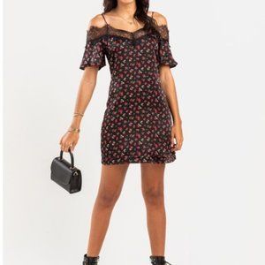 Black and red off the shoulder floral mini dress